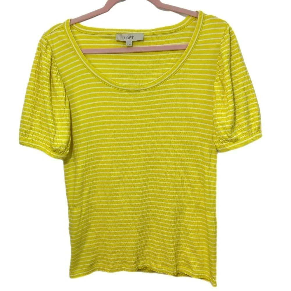 Ann Taylor LOFT Women's Lemon Squeeze Stripe Crinkle Puff Sleeve Top Sz S Blouse